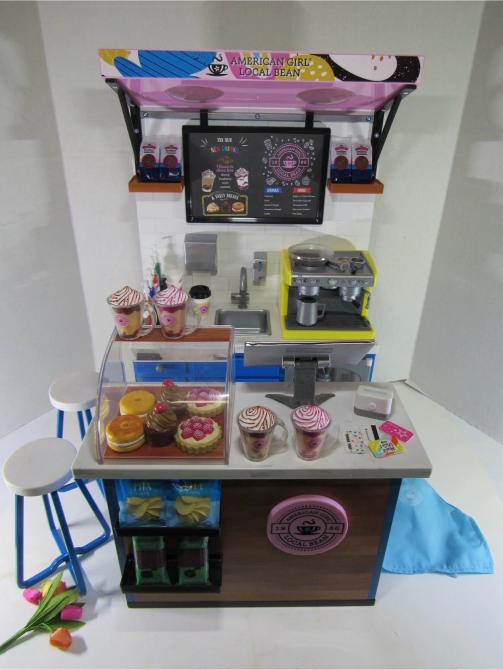 American Girl Local Bean Coffee Shop Play Counter with Yellow Espresso Machine